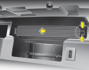 Hyundai Sonata: Climate control air filter. 3. Remove the climate control air filter cover while pressing the lock on the
