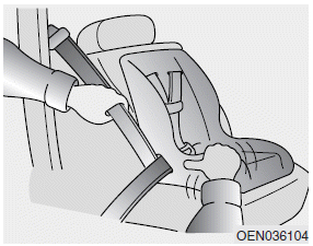 Hyundai Sonata: Using a child restraint system. 5. Remove as much slack from the belt as possible by pushing down on the child
