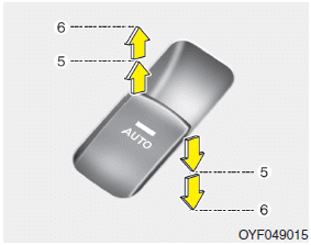 Hyundai Sonata: Auto up/down window. Pressing or pulling up the power window switch momentarily to the second detent