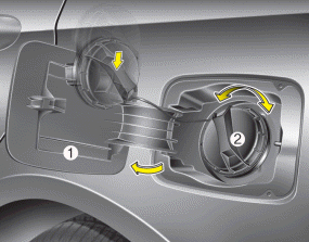 Hyundai Sonata: Opening the fuel filler lid. 1. Stop the engine.