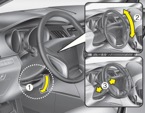 Hyundai Sonata: Tilt steering. To change the steering wheel angle, pull down the lock release lever (1), adjust