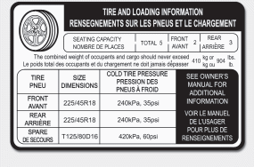 Hyundai Sonata: Tire and loading information label. The label located on the driver's door sill gives the original tire size, cold