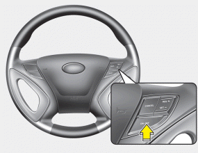 Hyundai Sonata: To set cruise control speed. 1. Push the cruise ON-OFF button on the steering wheel to turn the system on.