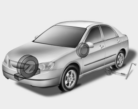 Hyundai Sonata: Changing tires. 4. Remove the wheel lug nut wrench, jack, jack handle, and spare tire from the