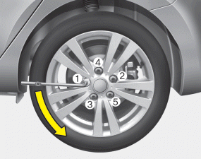 Hyundai Sonata: Changing tires. 6. Loosen the wheel lug nuts counterclockwise one turn each, but do not remove