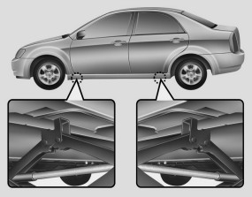 Hyundai Sonata: Changing tires. 7. Place the jack at the front or rear jacking position closest to the tire you