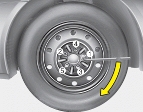 Hyundai Sonata: Changing tires. Then position the wrench as shown in the drawing and tighten the wheel nuts.