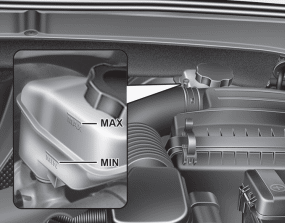 Hyundai Sonata: Checking the brake/clutch fluid level. Check the fluid level in the reservoir periodically. The fluid level should be