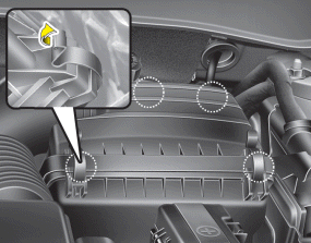 Hyundai Sonata: Air cleaner. 1. Loosen the air cleaner cover attaching clips and open the cover.