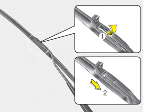 Hyundai Sonata: Wiper blades. 2. Lift up the wiper blade clip. Then pull down the blade assembly and remove