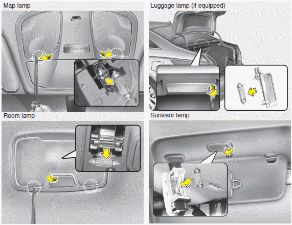 Hyundai Sonata: Interior light bulb replacement. 1. Using a flat-blade screwdriver, gently pry the lens from the interior light